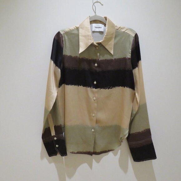 NANUSHKA Mandine Satin Shirt Watercolor Neutral Medium Minimalist Old Money - Picture 2 of 16